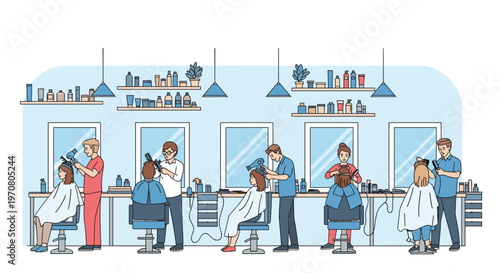 Professional hair salon interior with diverse stylists cutting, drying, and styling the hair of multiple customers in a modern workspace.