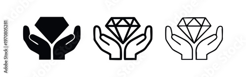 Hands holding a diamond icon set. Precious gem and high value vector symbols in solid, outlined, and thin line styles.