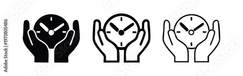 Hands Holding Clock Icon Set. Time Management, Schedule, and Deadline Symbols in Solid and Outline.