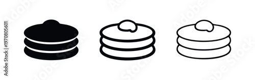 Pancake stack icon set. Breakfast food with a topping, dessert symbols in solid and outline styles.