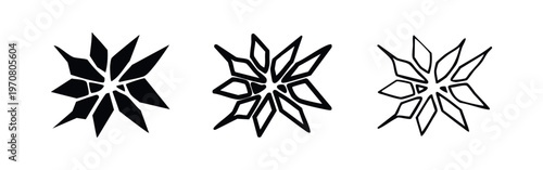 Abstract faceted star icon set. Geometric explosion, crystal, or broken glass shape symbols in various styles.