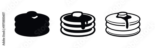 Pancakes with syrup icon set. Sweet breakfast food, stack of flapjacks with delicious topping symbols.