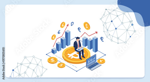 Professional businessman sitting on a large golden bitcoin coin analyzing cryptocurrency market data and global financial network trends.