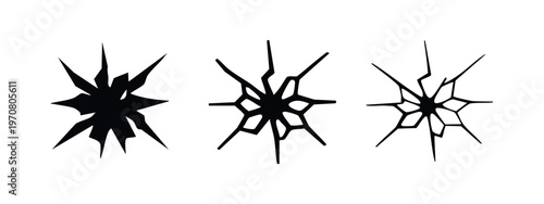 Shattered glass crack icon set. Broken screen, window, or impact damage symbols in various styles.
