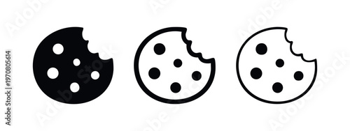 Bitten chocolate chip cookie icon set. Sweet dessert or snack symbols in solid and outline styles.