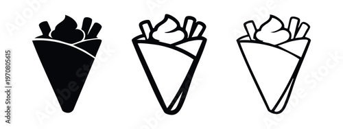 Dessert crepe with whipped cream and wafer sticks icon set. Sweet treat symbols in various styles.