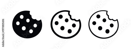 Chocolate chip cookie icon set. Sweet dessert or snack symbols in solid and outline styles.