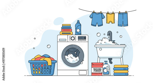 Well-organized domestic laundry room scene featuring a modern washing machine, sink with bubbles, baskets of colorful clothes, and detergent.