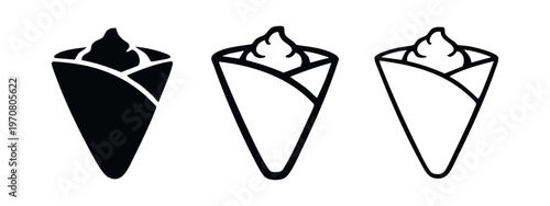 Dessert crepe with whipped cream icon set. Sweet snack symbols in solid and outline styles.