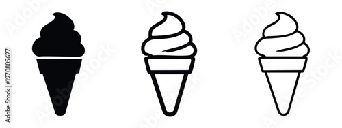 Soft serve ice cream cone icon set. Sweet dessert and summer treat symbols in various styles.