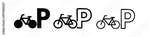 Bicycle parking sign icon set. Bike friendly zone and cyclist parking symbols in various styles.