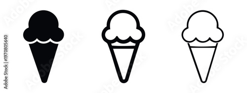 Scoop ice cream cone icon set. Sweet dessert and summer treat symbols in various styles.