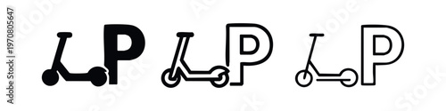 Scooter Parking Sign Icon Set. Electric Scooter Parking Zone Symbol with Solid and Outline Styles.