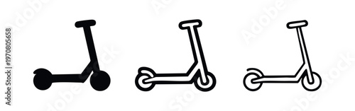 Electric Scooter Icon Set. Modern Mobility Scooter Symbol Vector in Solid, Bold Outline, and Thin Line Styles.