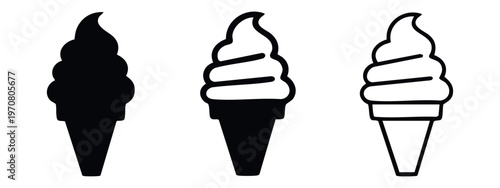Soft Serve Ice Cream Cone Icon Set. Dessert Symbol Vector in Solid, Bold Outline, and Thin Line Styles.