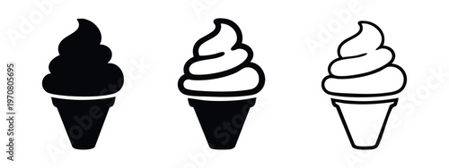 Ice Cream Cone Icon Set. Swirl Dessert Symbol Vector in Solid, Bold Outline, and Thin Line Styles.