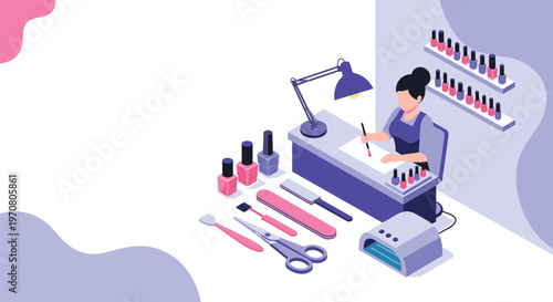Professional manicurist working at a dedicated workstation in a clean isometric nail salon surrounded by various beauty tools and polishes.