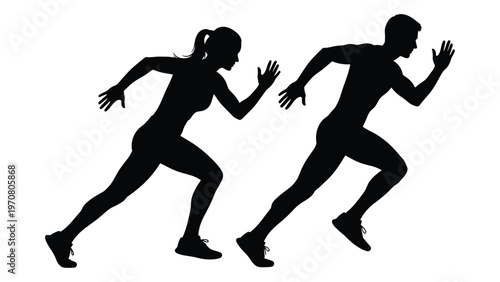 Silhouette of a man and woman running depicted in a dynamic athletic pose