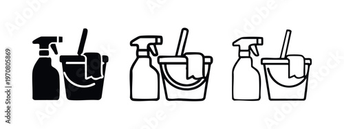 Cleaning supplies icon set, vector spray bottle, bucket, and mop symbols in solid and outline styles