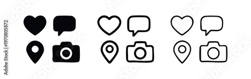 Social media and communication icons set, vector like, chat, location, and camera symbols in various styles