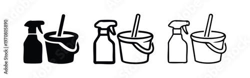 Cleaning tools icon set, vector spray bottle and bucket with mop symbols in solid and outline styles