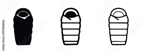 Camping sleeping bag icons in various design styles: filled, outlined, and minimal.