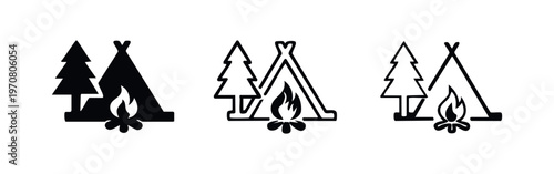 Camping and Outdoor Adventure Icon Set - Tent, Tree, and Campfire Symbols