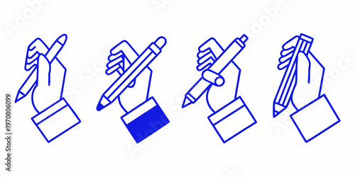 A series of hands holding different writing implements in blue line art
