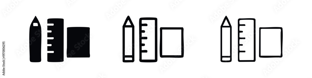 Fototapeta premium School and office supplies icon set featuring pencil, ruler, and eraser in different styles.