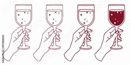 Four champagne flutes being held showing decreasing liquid levels