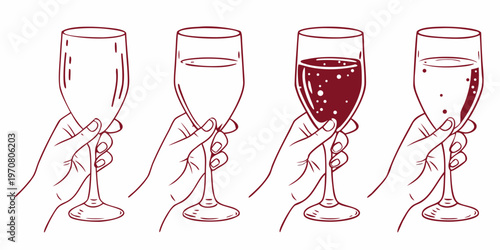 Four champagne flutes held by hands showing varying fill levels