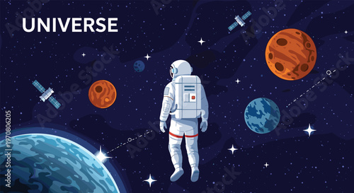 Brave astronaut exploring the vast universe floating in space near various planets like Earth and Mars under a starry cosmic background.
