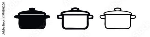 Food pot icon set. Cooking utensil symbol in glyph, outline, and line style for recipe apps or home decor.