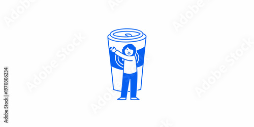 A person standing inside a large cylindrical container illustrated in blue