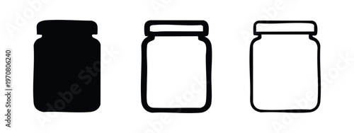 Storage jar icon set. Food container symbol in glyph, outline, and line style for pantry organization.