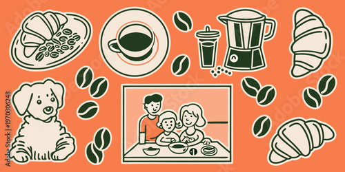 Stylized illustration of coffee pastries and a family enjoying breakfast