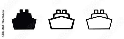 Cruise ship front view icon set. Cargo boat symbol in glyph, outline, and line style for travel and transport.