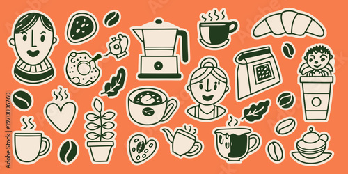Stylized illustration of coffee pastries and happy people enjoying them