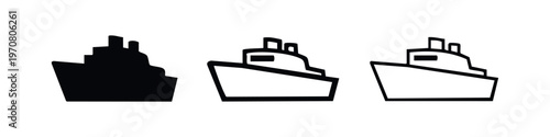 Cruise ship side view icon set. Ocean liner symbol in glyph, outline, and line style for maritime travel.