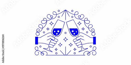 Two hands clinking champagne glasses within a decorative arch design