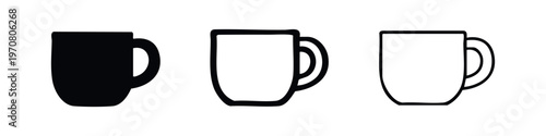 Tea mug icon set. Hot beverage cup symbol in glyph, outline, and line style for warm drink concepts.