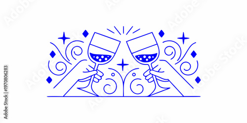 A minimalist illustration of two wine glasses toasting adorned with sparkles
