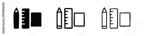 School and office supplies icon set featuring pencil, ruler, and eraser in different styles.