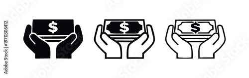 Hands holding dollar money icon set. Giving and receiving cash financial symbol vector illustration.