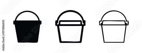 Pail with handle icon set. Cleaning and utility bucket symbol vector, water carrying container.