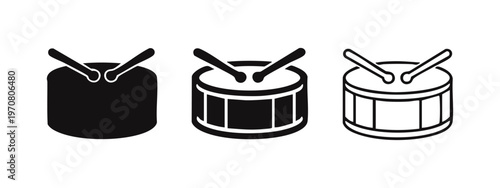 Musical drum with drumsticks icon set. Percussion instrument symbol vector, music and rhythm concept.