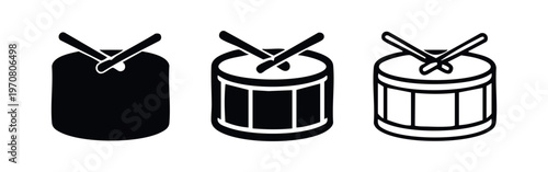 Percussion drum and sticks icon set. Music instrument symbol vector, rhythmic sound concept.