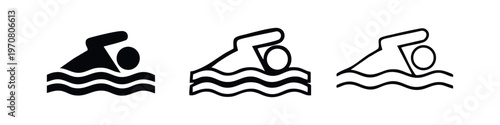 Swimming person icon set in front crawl stroke. Modern vector symbols for aqua fitness, competition, and water sports.