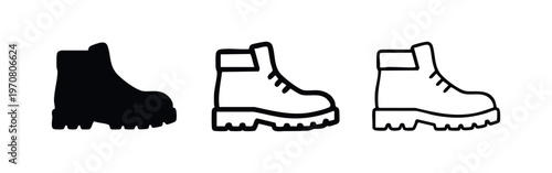 Hiking Boot Icon Set. Black and White Outline and Solid Style Shoe Symbols for Adventure and Outdoor Footwear.