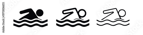 Swimmer in water icon set. Flat vector symbols for swimming, pool, sport, fitness, and aquatic activities.
